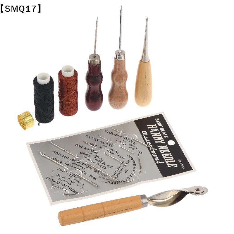 Groover Stitching Tool - 革縫い道具セット。木製のハンドルが付いた針、鋲、ワックス加工された糸、縫い目を深くするための溝入れ器、指ぬき。DIYクラフト、手縫い、修理に最適。【SMQ】